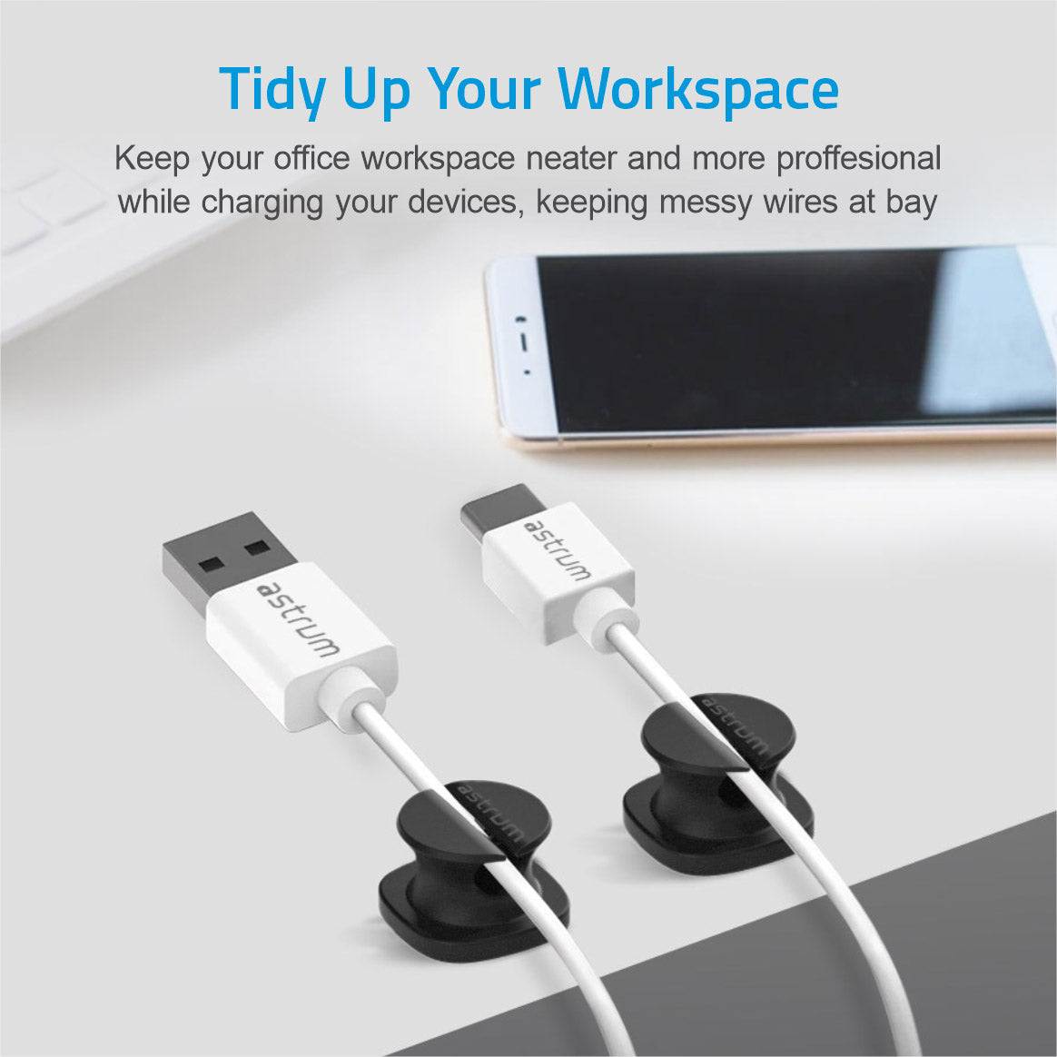 CO060 Mini Cable Organizer Clips – 4 Piece Set for Cable Management - Black