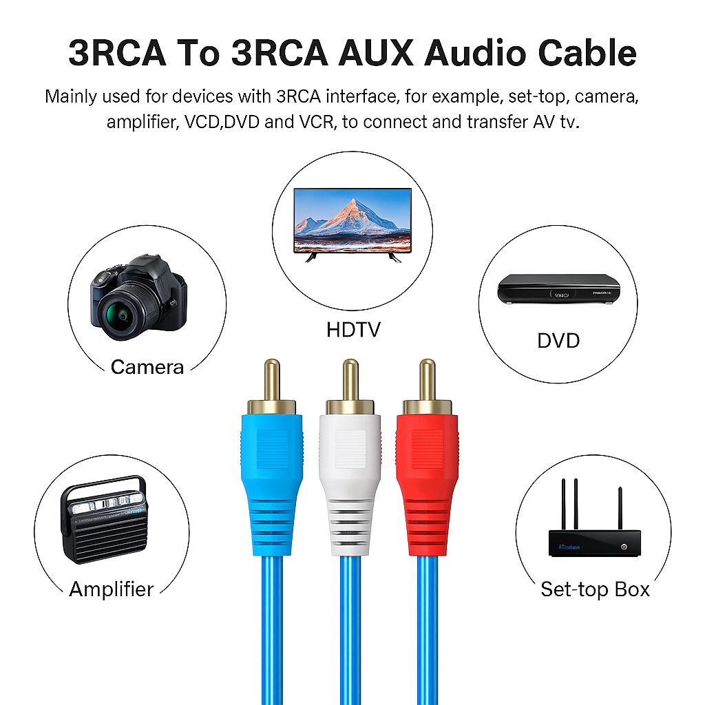 RC305 3RCA Male to Male AV Stereo 5.0m Cable
