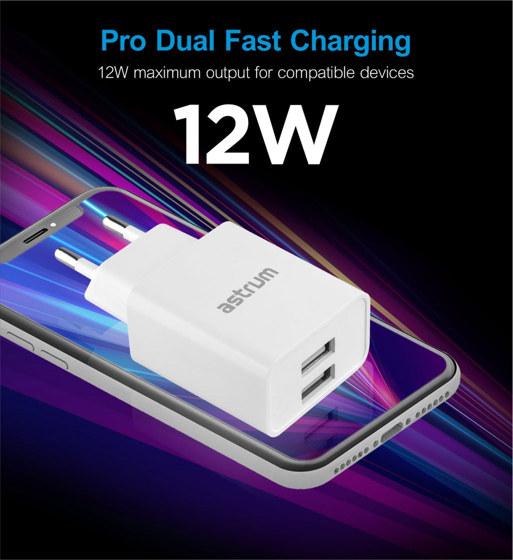 Pro Dual U24 12W Dual USB Travel Wall Charger + USB-C Cable - Black