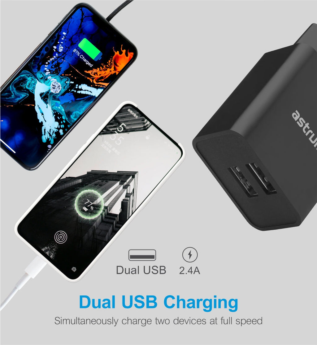 Pro Dual U24 12W Dual USB Travel Wall Charger + USB-C Cable - Black